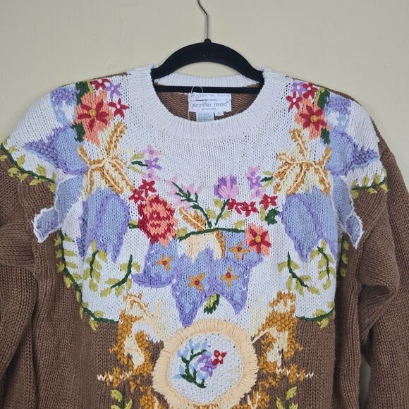 Jennifer Reed Hand Knit Floral Embellished Cotton Blend Sweater Size L - Picture 3 of 8